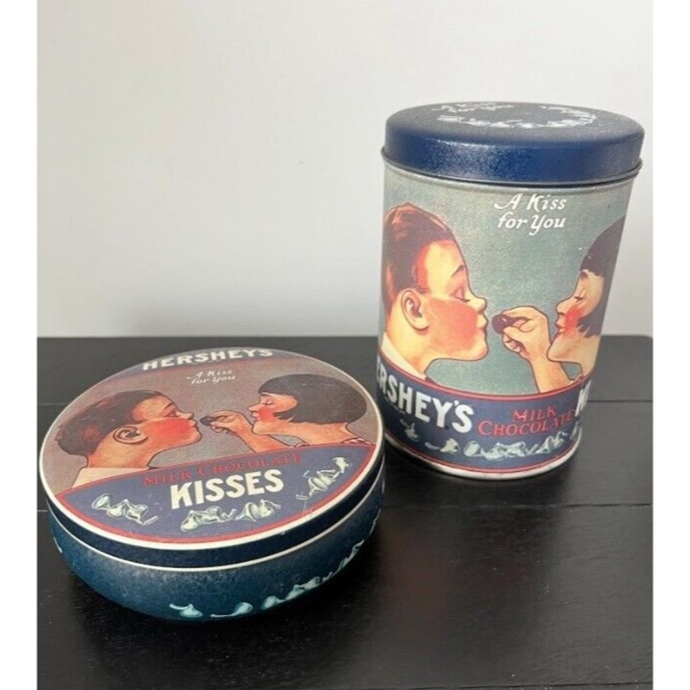 Vintage Hershey's Milk Chocolate Tin Can Lot Of (2) Kisses A Kiss For You